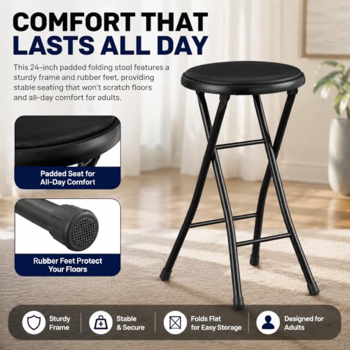 24-Inch Folding Stool with Padded Seat, Portable Collapsible Chair