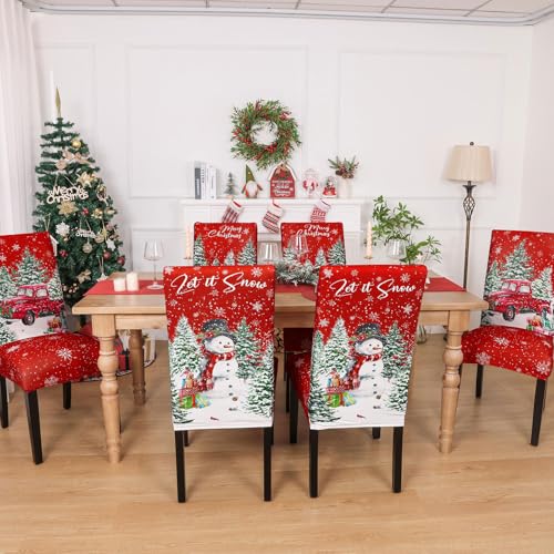 Christmas Chair Covers Set of 6 with Snowman Truck & Tree Design - Stretch Fit Holiday Slipcovers