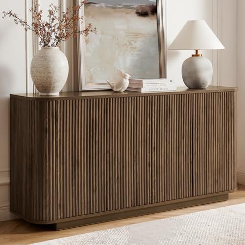 64" Fluted Wood Buffet Sideboard Cabinet with 4 Doors and Adjustable Shelves