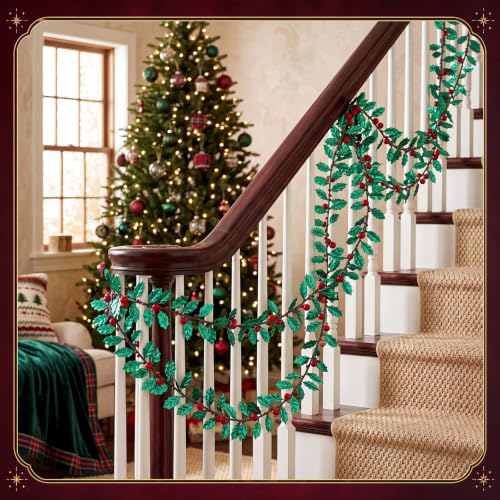 2 Pack Christmas Holly Garlands with Red Berries, 33 ft Total