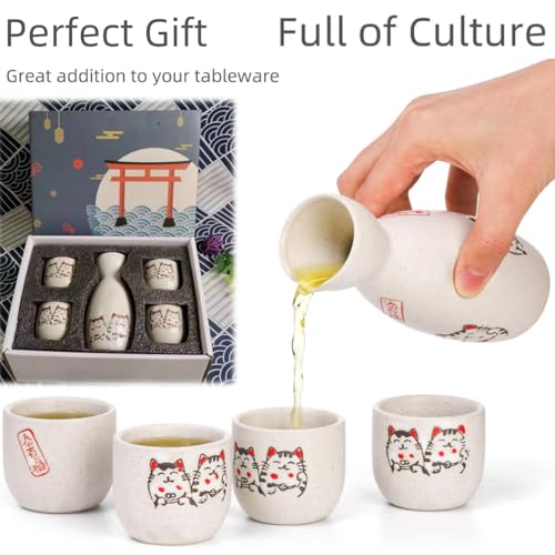 Japanese Sake Set with Maneki Neko Cups & Carafe - Ceramic Hot Drink Gift