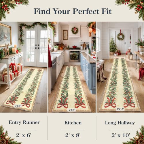 Lahome 2' x 8' Warm Cream Christmas Runner Rug with Evergreen Garland & Red Bows