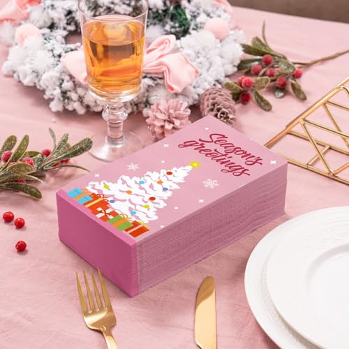 Wrapaholic 50Pcs Pink Christmas Tree Gift Hand Towels – 3-Ply Paper Napkins, 4.3 x 7.9 in, Xmas Holiday