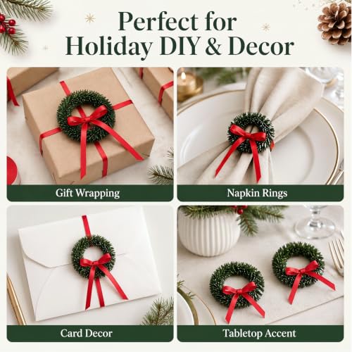 Yunlly 14 Pcs Mini Christmas Wreath Gift Wrapping Set - Plain Wreath & Red Ribbon