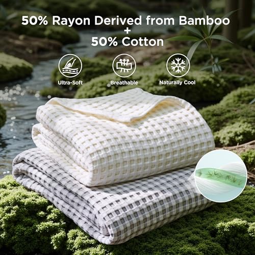 Bedsure Cooling Waffle Queen Blanket - Lightweight Bamboo Cotton Throw