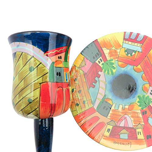Hand-Painted Jerusalem Scene Wooden Kiddush Cup and Saucer Set