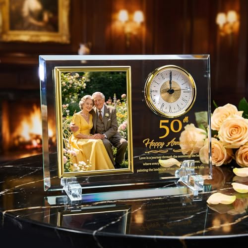 50th Wedding Anniversary Crystal Glass Photo Frame Clock for Couples