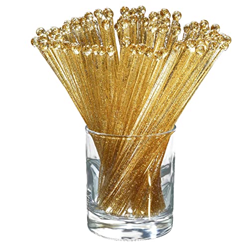 Crystal Cocktail Stirrer Sticks 100 Pack - Disposable Plastic Drink Mixers with Gold Glitter Top