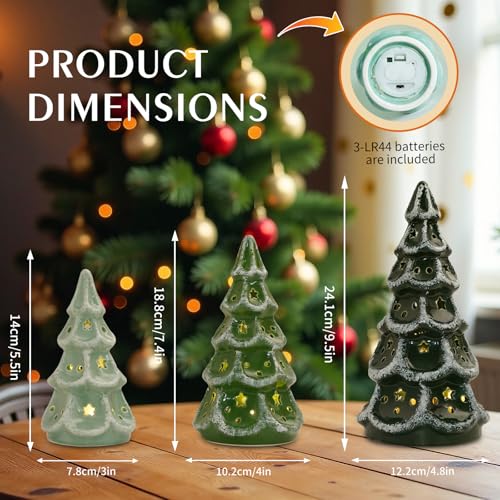 Luxstyra Green Ceramic Christmas Tree with Lights & Timer - Set of 3