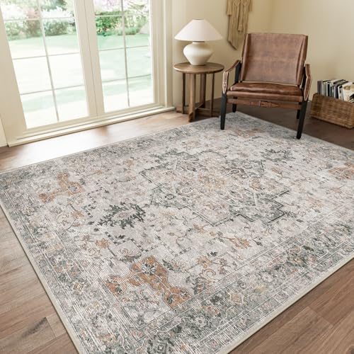 Vintage Floral Area Rug, 5x7 Washable Non-Slip Low Pile Carpet for Living Room