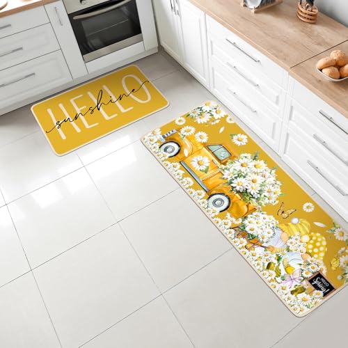 3-Piece Yellow Daisy Kitchen Rug Set, Non-Slip Washable Floral Floor Mats