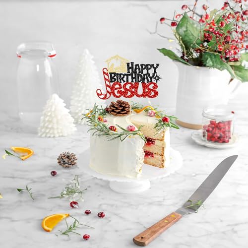 Ephlyn 1Pcs Happy Birthday Jesus Cake Topper - Glitter Nativity Theme (Black Red-7)
