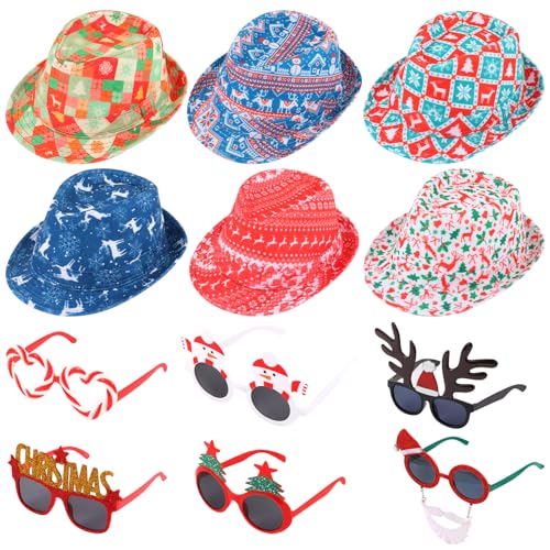 NICOWARM 12pc Christmas Photo Booth Prop Kit with Fedora Hats & Party Sunglasses
