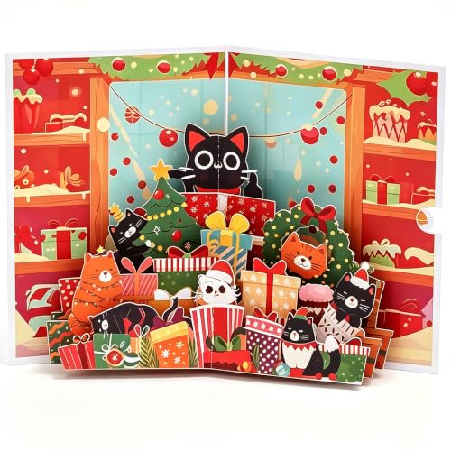 Christmas Cat 3D Pop Up Greeting Card with Envelope - Funny Holiday Card for Cat Lovers