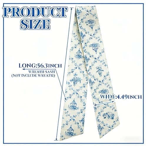 Blue Floral Wreath Sash 2Pcs Satin Garland Ribbon for Front Door Decor