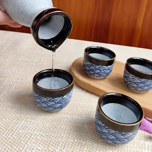 Japanese Porcelain Sake Set – 1 Bottle & 4 Cups with Blue Wave Pattern, KeQiu