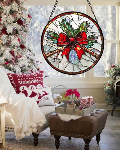 DASTOLL Christmas Pine Bow Stained Glass Window Suncatcher 7.8" Red & Green