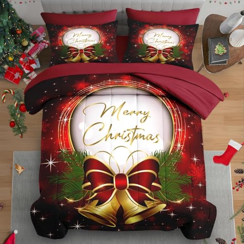 King Christmas Comforter Set with Sheets (King, Gold Xmas) — Pamnest 7-Piece Bedding