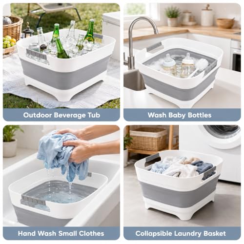 Goderewild Gray Collapsible Wash Basin 9L with Drain Plug for Kitchen & Camping