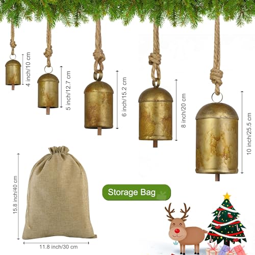 Fovths 5 PCS Christmas Bells Giant Vintage Cow Bells, 4+5+6+8+10 Inch
