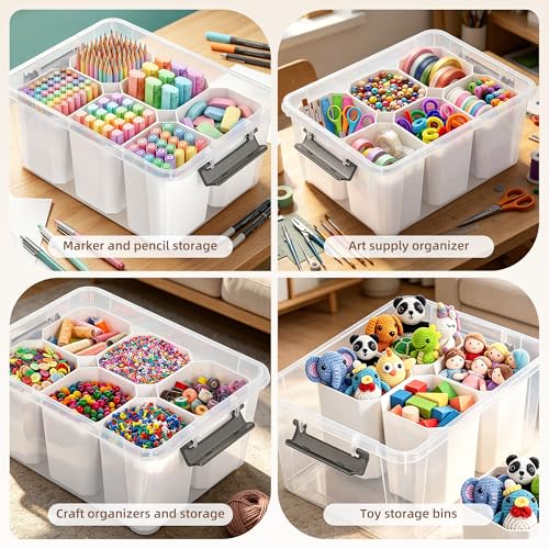17QT Clear Plastic Craft Organizer and Storage Bin with 6 Detachable Inserts and Lid