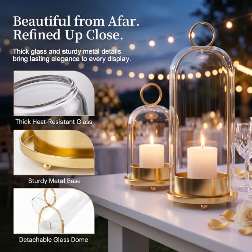 Gold Hurricane Candle Holders Set of 2 with Glass Dome, 4" & 5" Wide – Fohil Metal & Glass Centerpiece