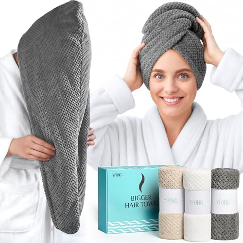 YFONG 3 Pack Large Microfiber Hair Towel Wrap for Women & Kids, Grey, White, Camel