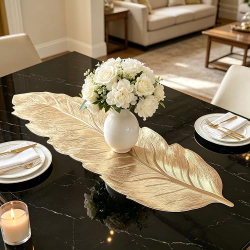 Evevda Gold Table Runner 36 In. with Gold Leaf Vinyl, Heat-Resistant