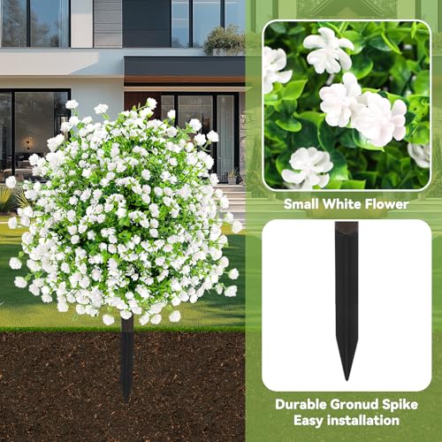 2-Pack UV Resistant Artificial White Flower Bushes with Ground Stakes