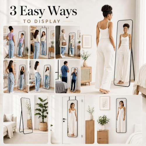 57"x20" Full Length Mirror with Stand, Over the Door & Wall Mount - Black