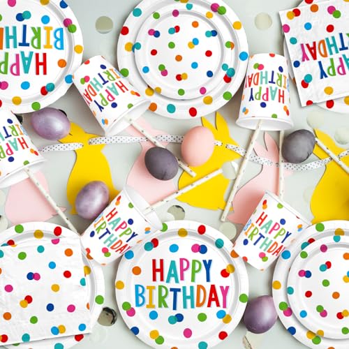 Gatherfun Multicolor Dots Birthday Party Supplies Set - Serves 25, Includes Plates, Napkins, Cups, Banner & Tablecloth