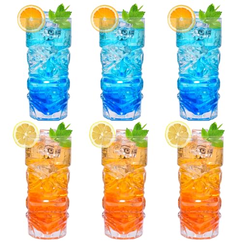 PYVYLO 15oz Set of 6 Tiki Glasses - Clear Glass Cocktail Cups with Tiki Face Design