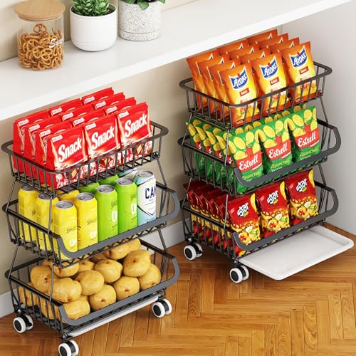 3-Tier Rolling Pantry Cart, Stackable Wire Fruit & Vegetable Basket Stand