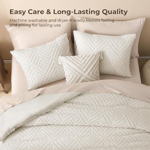 King Size Beige Tufted Boho Comforter Set - 3-Piece Lightweight Bedding Set