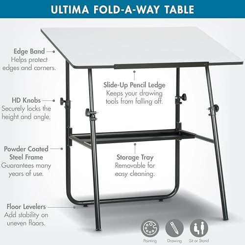 Adjustable Art Drafting Table with Storage Tray, Fold-Away Design, Black