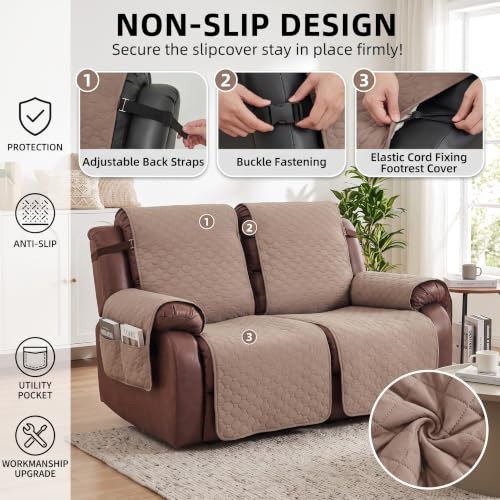 Waterproof Light Brown Loveseat Recliner Cover with Pockets