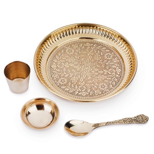 4-Piece Brass Puja Thali Set - Ritual Plate, Katori, Glass & Spoon