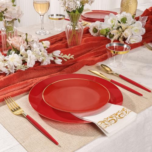 50 Guests Red & Gold Disposable Plastic Plates Dinnerware Set - 350 Pcs