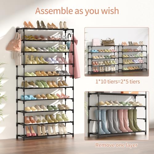 10-Tier Tall Shoe Rack - Large Capacity 40-Pair Shoe Organizer with Hooks