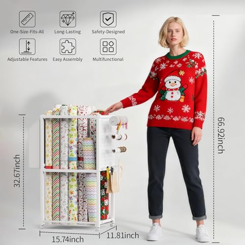Rolling Metal Wrapping Paper Storage Cart with Wheels and 16 Straps