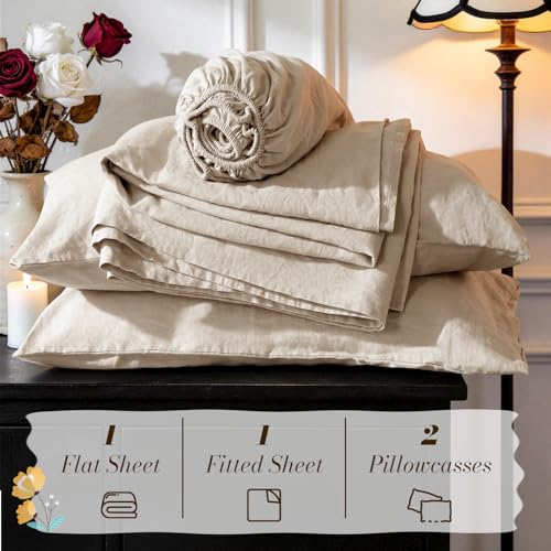 100% French Linen King Sheet Set - Natural Cooling Bedding 4-Piece