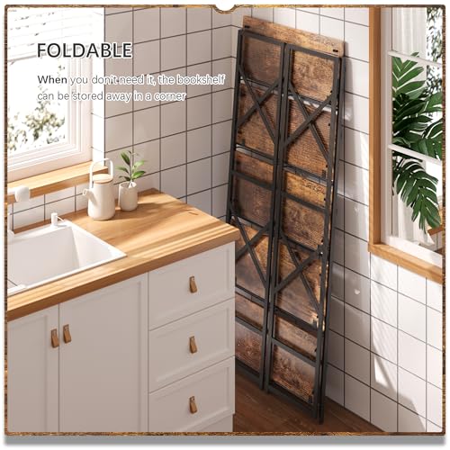 5-Tier Industrial Folding Bookshelf, No-Assembly Metal & Wood Bookcase
