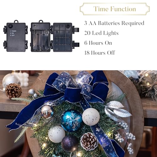 24-Inch Pre-Lit Christmas Teardrop Swag with LED Lights, Silver and Blue