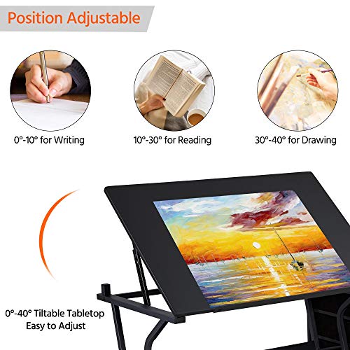 Adjustable Drafting Table with Stool, 3 Drawers and Storage Shelf, Black