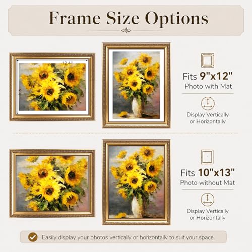 10x13 Vintage Gold Picture Frame with 9x12 Mat for Wall Hanging