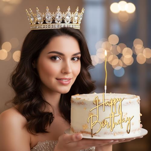3-Piece Gold Rhinestone Crown Cake Topper Set with Candles