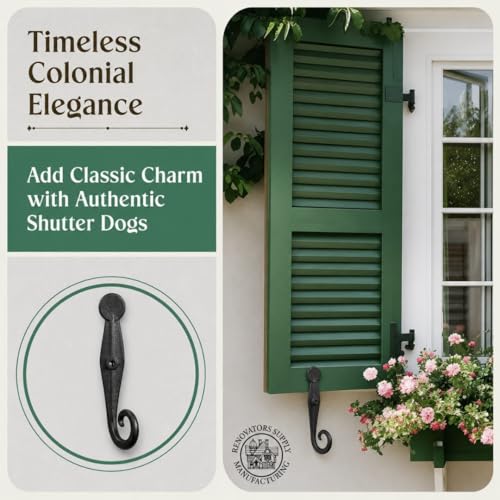 5.5-Inch Wrought Iron Shutter Dogs - Black Rat Tail Design (Pack of 2)
