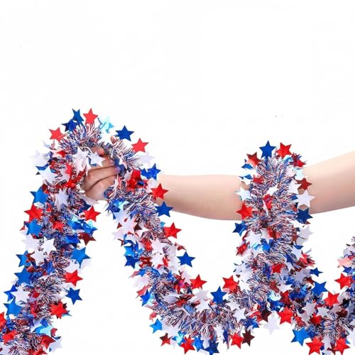 Patriotic Tinsel Garland 5-Pack (32.8 ft) - Red White & Blue Metallic Star Decor