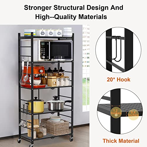5-Tier Foldable Metal Storage Shelf with Wheels and Hooks, Black