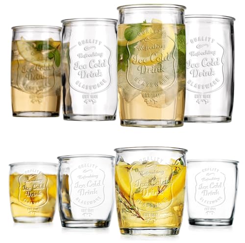 Glaver's 8-Piece Vintage Ice Cold Glass Set 20oz & 13oz Highball & Whiskey Glasses